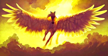 Pegasus - fantasy, yellow, fire, wings, pegasus, feather, art, horse