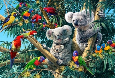 â˜…Koala Familyâ˜… - attractions in dreams, trees, animals, summer, lovely, love four seasons, pretty, family, colors, koala, cute, birds