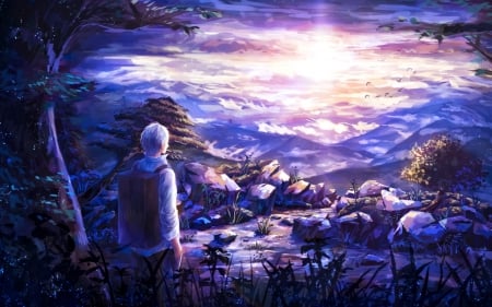 Ginko - ginko, landscape, day, sun, sunset, mushishi, purple, anime, 91, manga