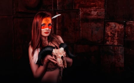 Native American - native american, animal, model, orange, girl, woman, skull, horns