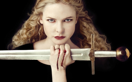 Rebecca Ferguson as Queen Elizabeth - woman, actress, girl, blood, queen elizabeth, black, fantasy, face, white, the white queen, rebecca ferguson, sword