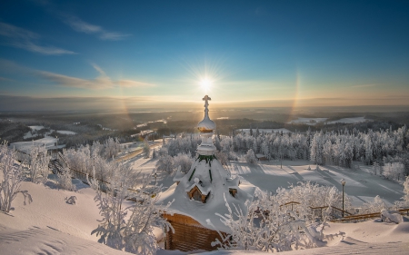 Russian Church in Winter Mountains - winter, nature, churches, snow, landscapes