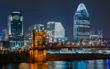 Cincinnati at night - great american tower, 1920x1200, background, roebling suspension bridge