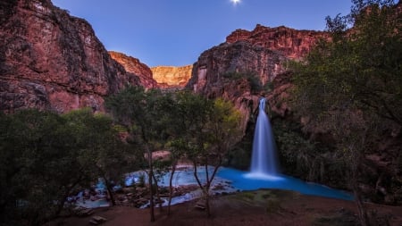 Grand Canyon - canyons, waterfall, full moon, rocks, sandstones