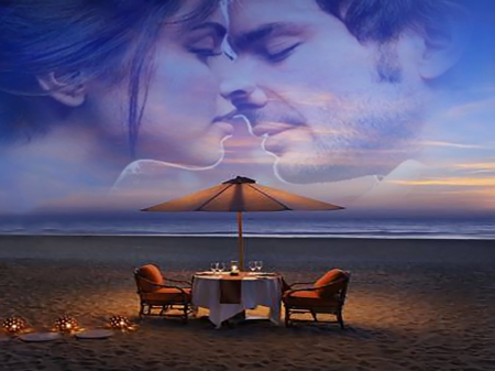 Romantic Dinner - lights, dinner, beach, love, lovers, umbrella, sky, clouds, table, romantic