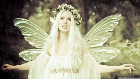 â€ Winged Beauty â€ - wings, white, bokeh, female, woman, flower crown