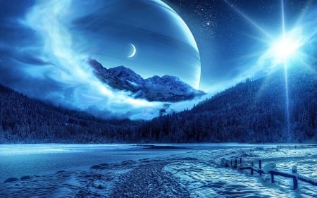 Winter - moon - winter, moon, forest, mountain