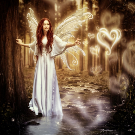 HEART OF THE FOREST - FOREST, WHITE, WINGS, HEART, DRESS, FAIRY, FEMALE