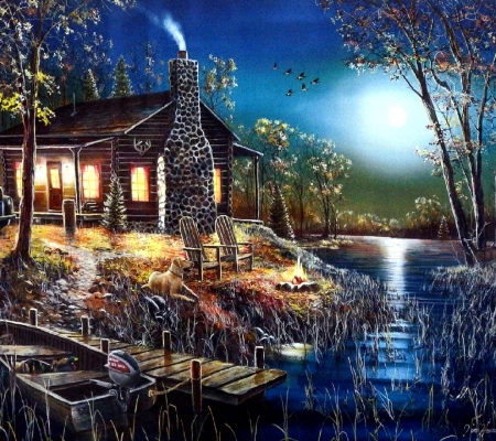 Evening at the River - trees, birds, boat, evening, dog, pier, river, lights, cottage