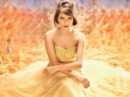 Girl in Golden Dress - girl in golden dress, gorgeous wearing, red lipstick, brunette woman, earrings, hair, blue eyes