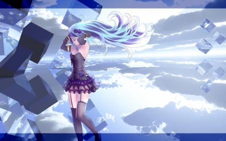 Blue Breeze - pretty, anime, vocaloid, female, miku hatsune, windy, scene, hatsune miku, lolita, nice, loli, sky, anime girl, beautiful, hot, girl, beauty, lovely, sweet, cube, wind, miku, cloud, hatsune, sexy, vocaloids