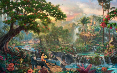 the jungle book - painting, thomas kinkade, bear, jungle, book, fantasy, panther