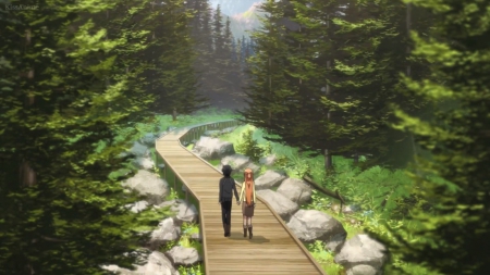 Take a Walk - pretty, anime, female, romantic, walking, scene, romance, forest, walk, boy, male, sword art online, sao, nice, kirito, anime couple, anime girl, asuna, beautiful, girl, yuuki asuna, beauty, lovely, sweet, asuna yuuki, couple