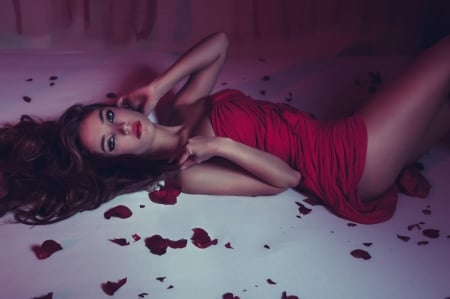 Bed of Roses - roses, bed, woman, red, model, brunette