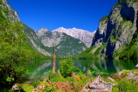 Lake Obersee - greenery, beautiful, landscape, spring, mountain, cliffs, serenity, lake, Obersee, sky, rocks