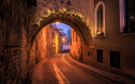 Street in Lithuania - lithuania, street, arch, architecture, buildings