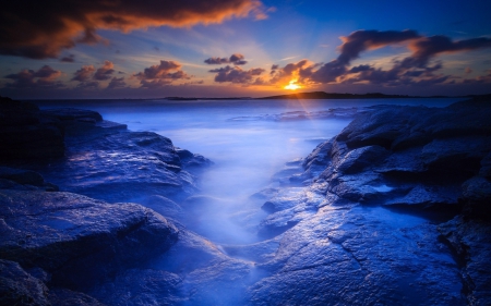 Foggy Sea - foggy, clouds, sunset, sea, nature