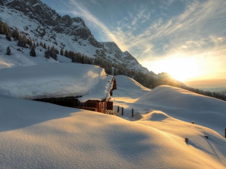 Cabin Covered in Snow - winter, cabin, sunset, snow