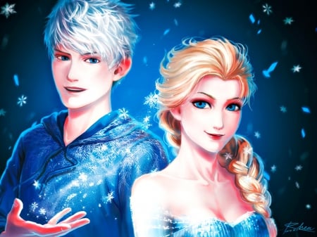 Jack and Elsa - jack frost, blue, snow, guy, man, boy, xRheax, art, winter, queen, girl, fantasy, frozen, woman, disney, couple, elsa