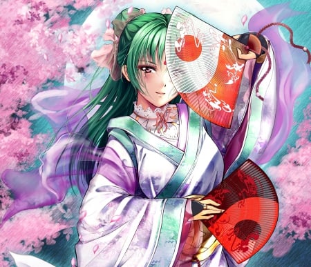 Japanese - nice, beauty, fan, female, japanese, anime girl, angelic, gorgeous, pretty, japan, petals, anime, oriental, kimono, girl, long hair, lovely, cg, hd, floral, sublime, pink, beautiful, blossom, yukata, sweet, green hair, flower