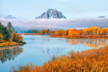 Mountains Lake  - sky, mountains, water, fog, trees, autumn