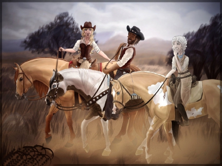 Home On The Range - girls, women, style, fun, models, female, cowgirls, boots, hats, drawing, western, horses, art, cowboys, ranch, anime