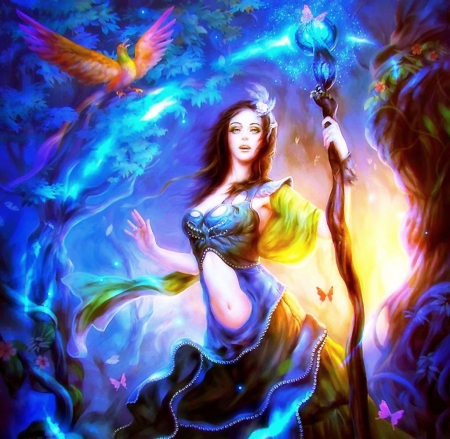 Katy - woman, witch, butterfly, magic, staff, elemental, bird