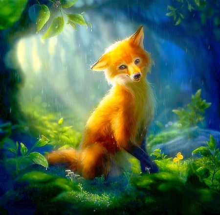 Happy When It Rains :) - cute, forest, rain, fox