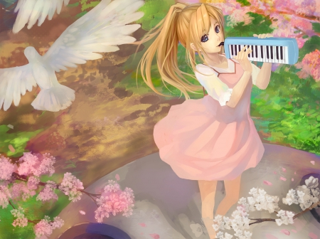 Hikaru Nara - pretty, female, dove, blossom, maiden, pink, peace, happy, melody, blond, nice, beauty, flower, blouse, lady, cute, floral, bird, kaori, anime, kawaii, dress, blonde, blond hair, long hair, music, miyazono kaori, anime girl, pigeon, beautiful, girl, sundress, blonde hair, lovely, sweet, harmony, instrument, adorable, peaceful, shigatsu wa kimi no uso