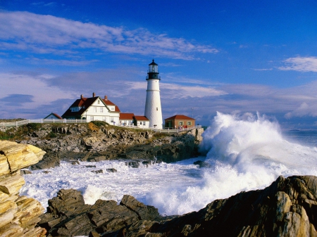 portland head lighthouse - lighthouse, portland, rock, wave, head