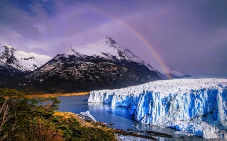 Rainbow Over The Glacier - clouds, water, beautiful, snowy peaks, forest, ice, Perito Moreno, rainbow, glacier, mountains