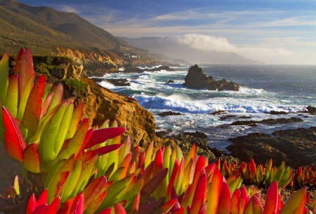 Big Sur Coastline - clouds, coast, beach, beautiful, sea, California, cliffs, waves, plants, mountains, rocks