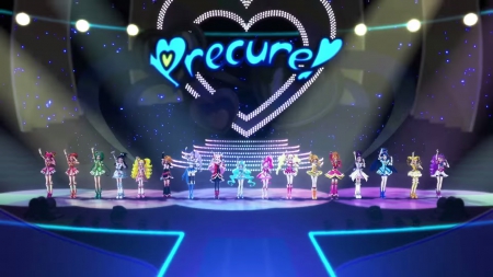 PreCure All Stars - nice, beauty, female, stage, smiling, pretty cure, anime girl, precure, pretty, anime, cute, sing, short hair, dance, adorable, girl, magical girl, long hair, loli, gown, lovely, concert, kawaii, beautiful, singing, sweet, smile, group, dress, happy, lolita