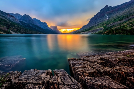 St. Mary lake-Glacier NP - lake, sky, mountain, saint mary, national park, sunset, serenity, glow, reflection, tranquil, beautiful, glacier