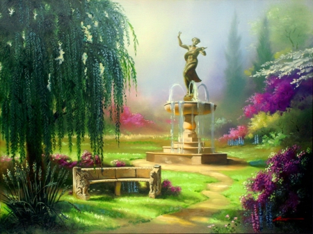 Garden statue - pretty, blossoms, grass, spring, willow, alleys, flowers, garden, art, statue, greenery, beautiful, lovely, tree, painting, serenity, park