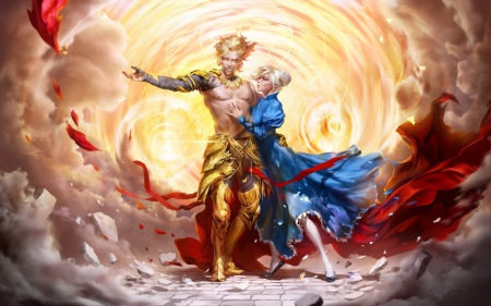 Fantasy couple - game, yellow, wizard, blue, magical, fantasy, red, valentine, couple, art