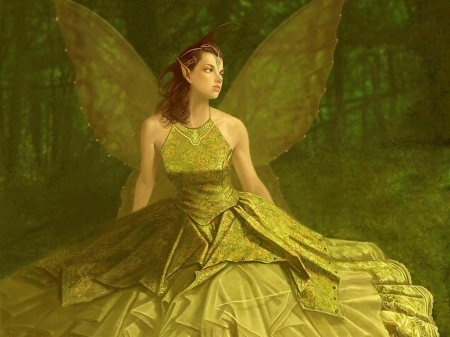 Fairy - wings, forest, fantasy, fairy, girl, woman, art, green