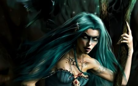 Vampire - forest, fantasy, girl, vampire, woman, blue, art, green