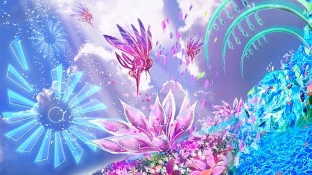 Landscape - landscape, game, pink, blue, child of eden, fantasy, flower