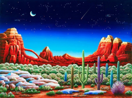 Desert Landscape - moon, cactor, artwork, mountains, digital