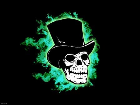 skull - skull, hat, dark, halloweeen, top, green, flaming