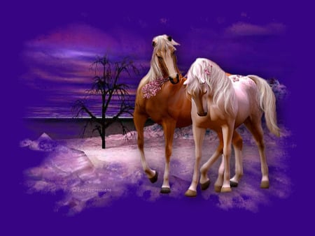 I Luv You - flowers, horses, snow, night, couple, tree