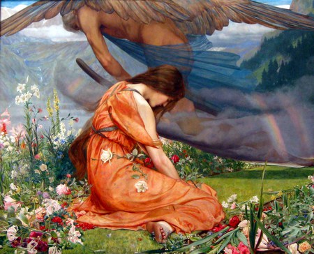 The Garden Of Adonis - Amoretta and Time - flowers, woman, garden, painting, angel, art