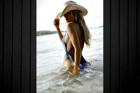 Wading The Lake - girls, women, style, fun, lake, models, female, fashion, cowgirls, hats, western, swiming, blondes