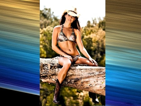 Sittin' On A Tree - style, girls, western, women, models, hats, ranch, cowgirls, brunettes, bikini, fun, female, boots, fashion