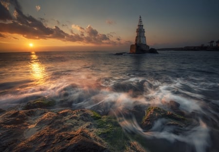 Lighthouse - lighthouse, sunset, sea, clouds