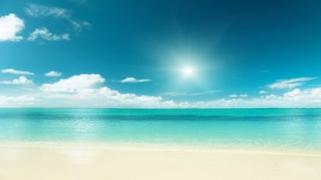 Caribbean Sea And Beach - clouds, summer, beach, beautiful, white sands, blue sky, travel, vacations, tropical, turquoise sea, paradise, sunny day