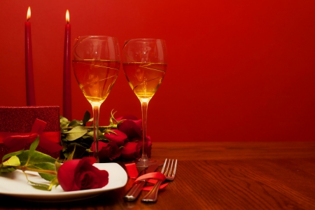 Romantic Valentine's day - roses, gift, champagne, candles, bouquet, wine, flame, pretty, romance, cheers, dinner, love, passion, glass, light, day, lovely, romantic, red, beautiful, flowers