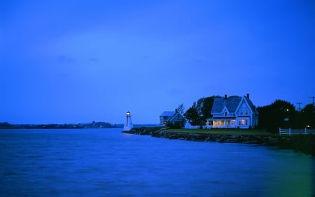 Lighthouse Point at Night - oceans, blue, lighthouses, sea, houses, architecture