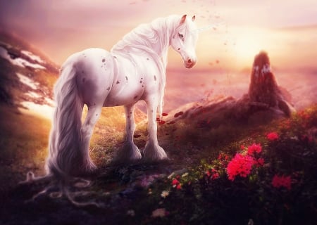 Unicorn - sky, petals, beautiful, flowers, majestic, standing, unicorn